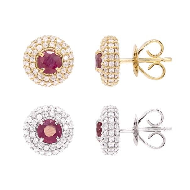 Brinco em Ouro 18k Chuveiro Redondo com 162 Diamantes e 2 Rubis 4mm                             