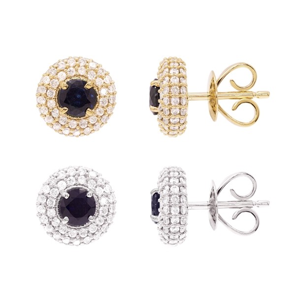 Brinco em Ouro 18k Chuveiro Redondo com 162 Diamantes e 2 Safiras 4mm                                