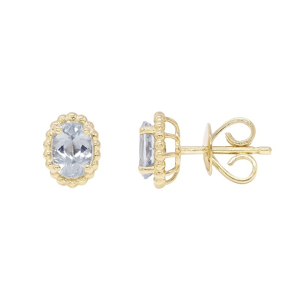 Brinco em Ouro 18k Oval com Bolinhas Polidas e 2 Água Marinhas 6x4mm 1.00Cts