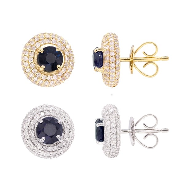 Brinco em Ouro 18k Chuveiro Redondo com 202 Diamantes e 2 Safiras 5mm                                