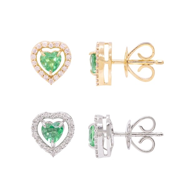 Brinco em Ouro 18k Coração com 36 Diamantes 0.17Cts e 2 Esmeraldas 4mm 0.90Cts                        