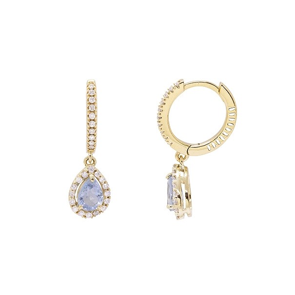 Brinco em Ouro 18k Argola com 52 Diamantes e Pingente Gota com 2 Agua Marinhas 5x4mm 