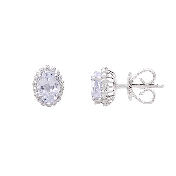 Brinco em Ouro Branco 18k Oval com Bolinhas Polidas e 2 Água Marinhas 6x3mm 1.00Cts 