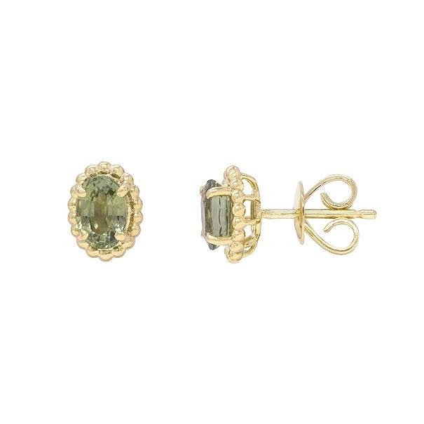 Brinco em Ouro 18k Oval Bolinhas Polidas com 2 Safiras Verdes 7x5mm 1.25Cts                  