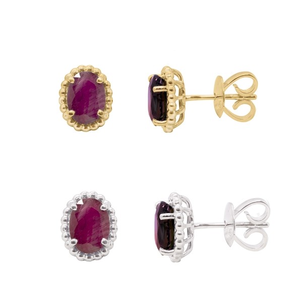 Brinco em Ouro 18k Oval Bolinhas Polidas com 2 Rubis 7x5mm 1.77Cts              