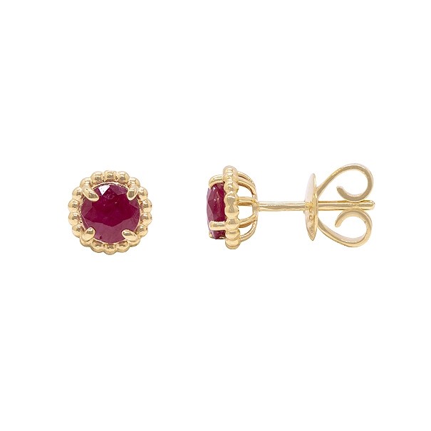 Brinco em Ouro 18k Redondo Bolinhas Polidas com 2 Rubis 5mm 0.99Cts          