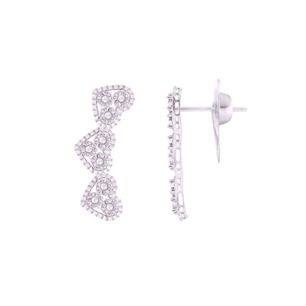 Brinco Ouro Branco 18k Ear Cuff Corações com 18 Brilhantes