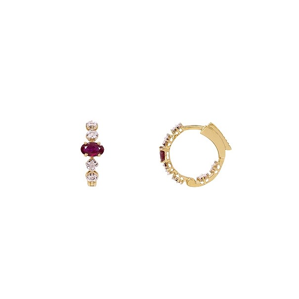 Brinco em Ouro 18k Argola Bicolor com 12 Brilhantes e 2 Rubis Oval 5x3mm		