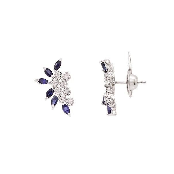 Brinco em Ouro Branco 18k Ear Cuff com 2 Safiras Navete e 16 Brilhantes