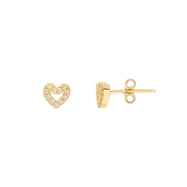 Brinco em Ouro 18k Coração Cravejado com Zircônias Brancas