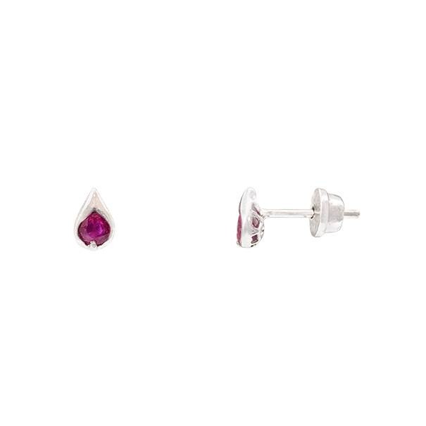 Brinco em Ouro Branco 18k Gotinha Polida com 2 Rubis 3mm 