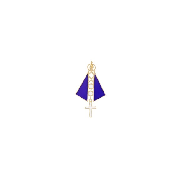 Pingente em Ouro 18k Nossa Senhora Aparecida  com Cruz e Cerâmica Azul e Branca
