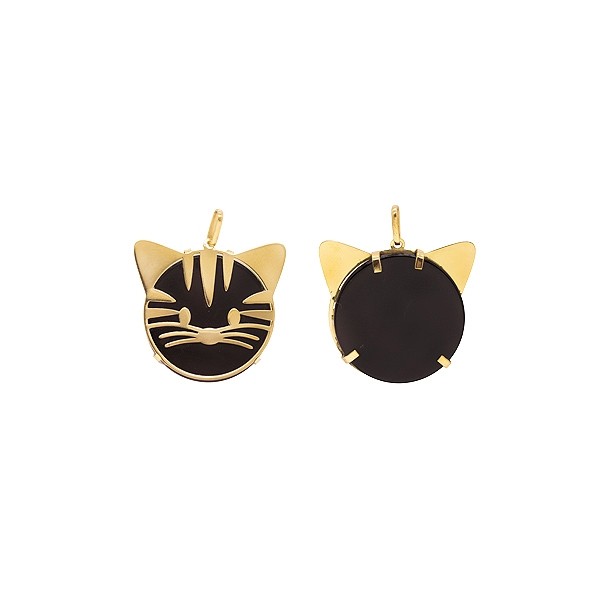 Pingente em Ouro 18k Gato com Ônix Redondo 20mm