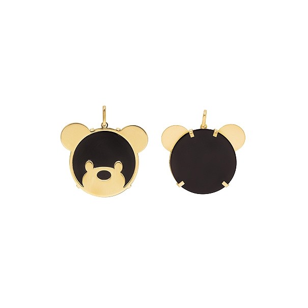 Pingente em Ouro 18k Urso com Ônix Redondo 20mm
