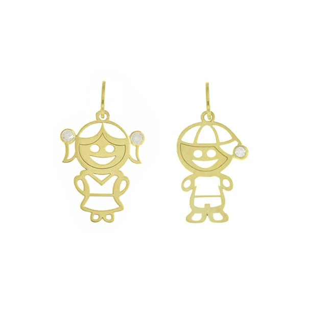 Pingente em Ouro 18k  Menina/Menino Grande Vazado com Zircônia 