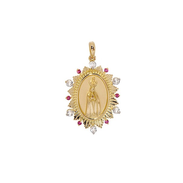 Pingente em Ouro 18k Sacra Nossa Sra. de Fátima com Pedras Naturais 