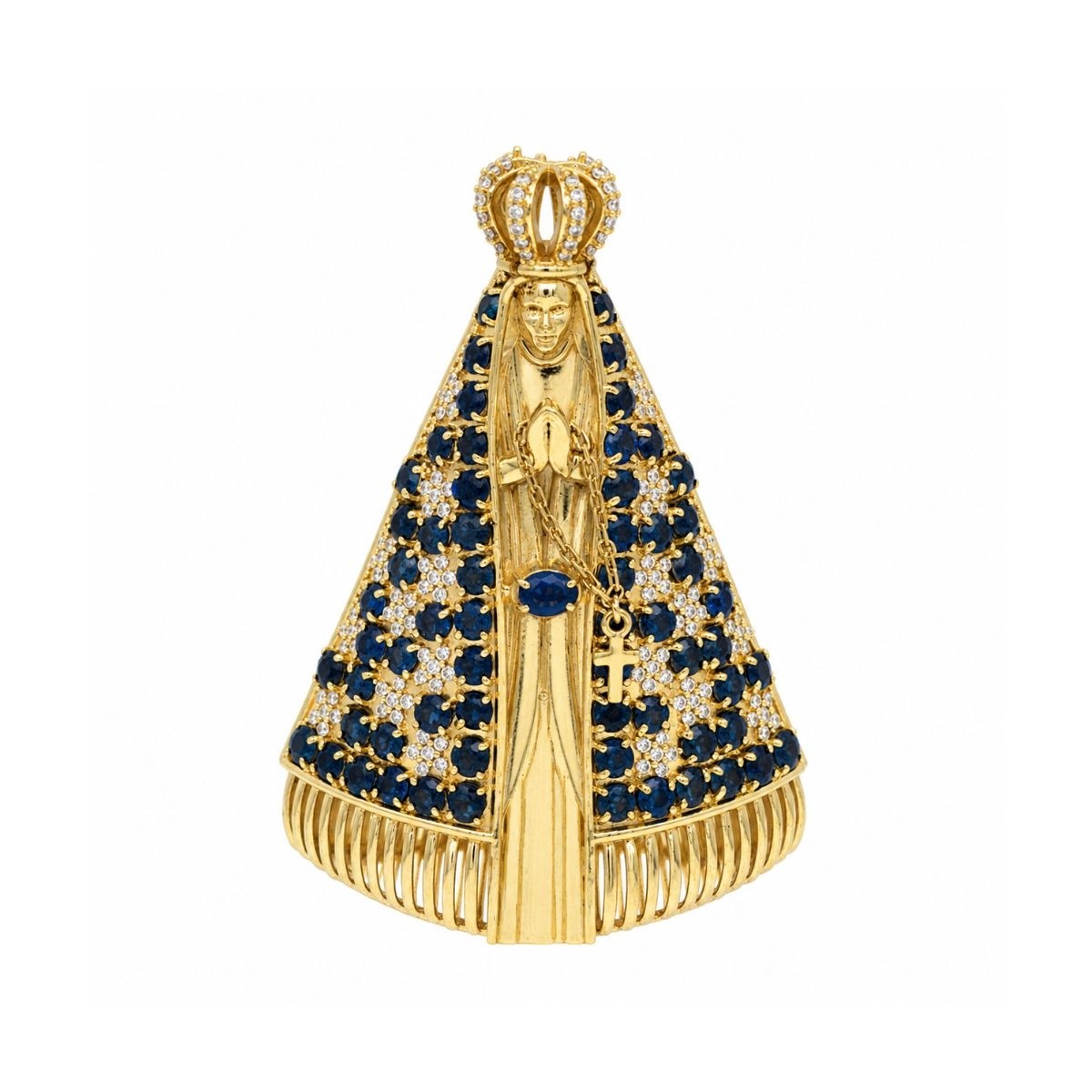 Pingente Nossa Sra. Aparecida com 156 Diamantes 0.78cts e 62 Safiras 2.5mm
