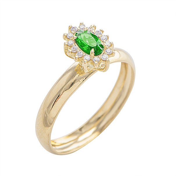 Anel Chuveiro Oval Com Zircônias Brancas e Verde