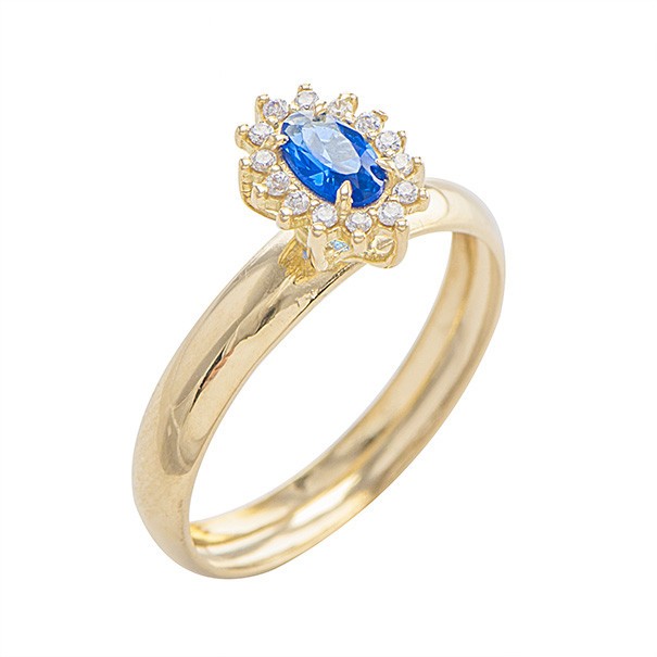 Anel Chuveiro Oval Com Zircônias Brancas e Azul