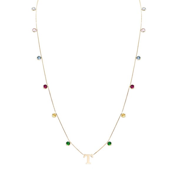 Gargantilha em Ouro 18k Dambete Letra T com Zircônias Coloridas