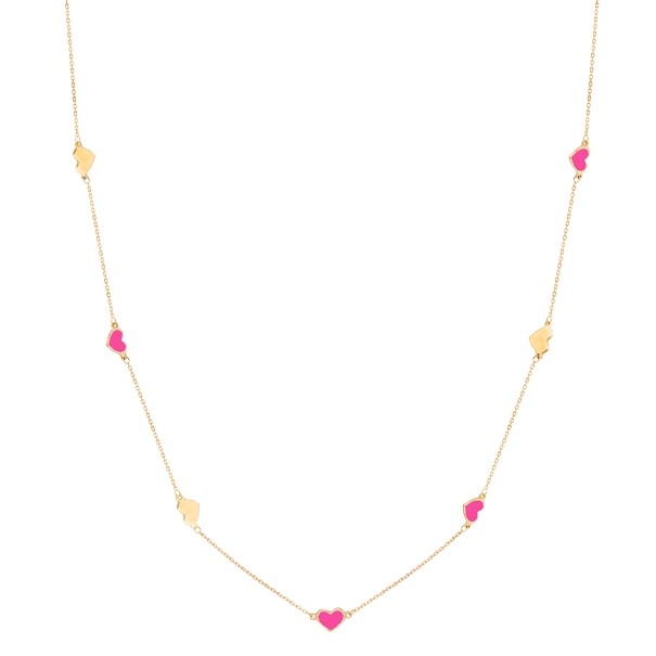 Gargantilha em Ouro 18k Corações com Cerâmica Rosa - 60cm