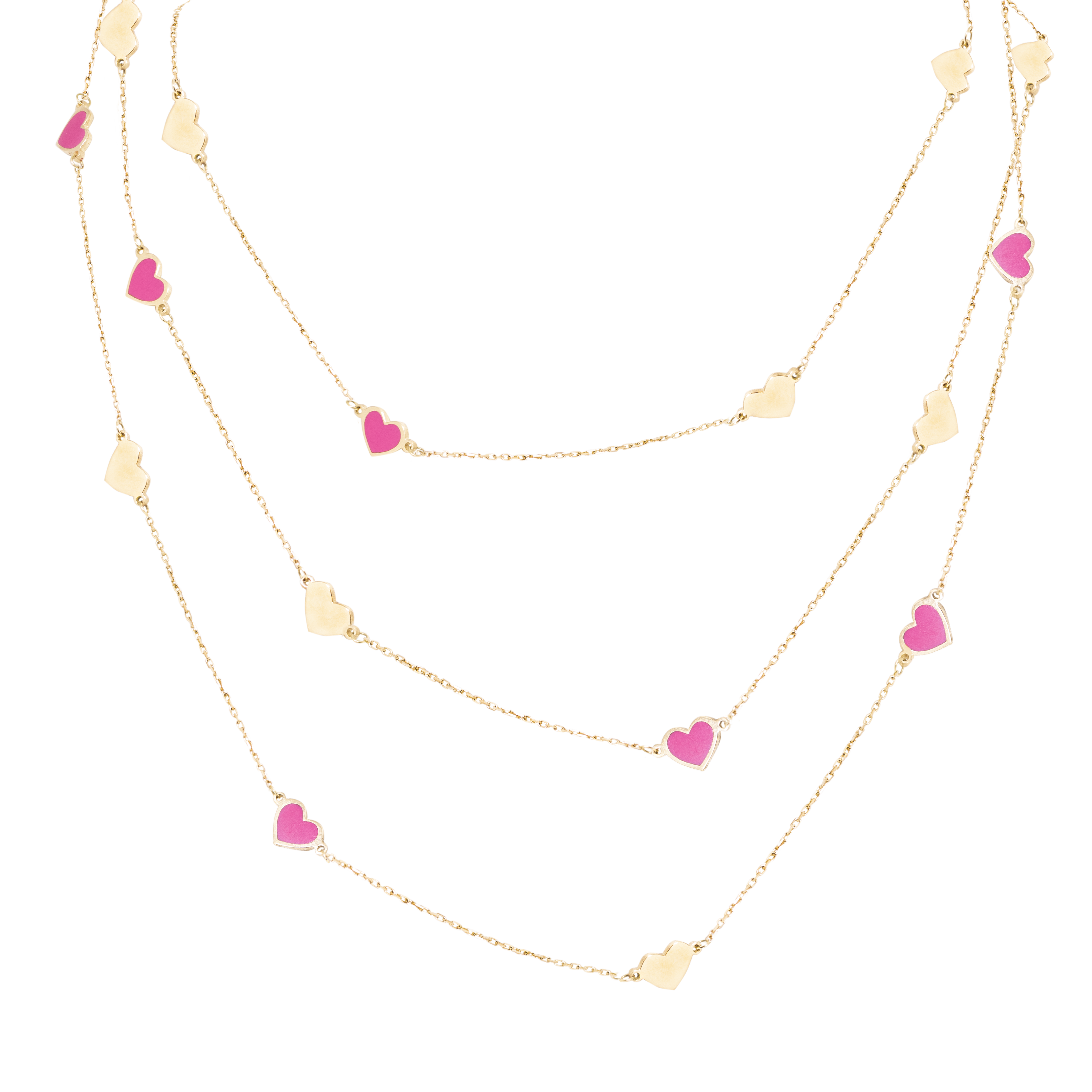 Gargantilha em Ouro 18k Corações com Cerâmica Rosa - 1.20MT
