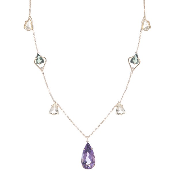 Gargantilha Multi Stones com 1 Ametista 4 Prasiolita 2 Quartzo Verde e 3 Brilhantes            