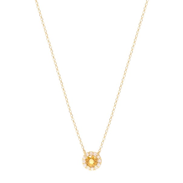 Gargantilha em Ouro 18k Chuveiro com 1 Safira Laranja 5mm e 12 Diamantes 