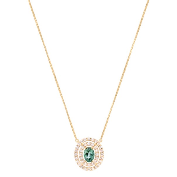 Gargantilha em Ouro 18k Chuveiro Redonda com 1 Turmalina Verde 7x5mm e 40 Diamantes 