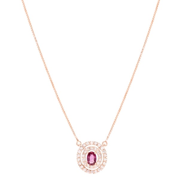 Gargantilha em Ouro Rosé 18k Chuveiro  Redonda com 1 Rubelita 5x4mm e 36 Diamantes 