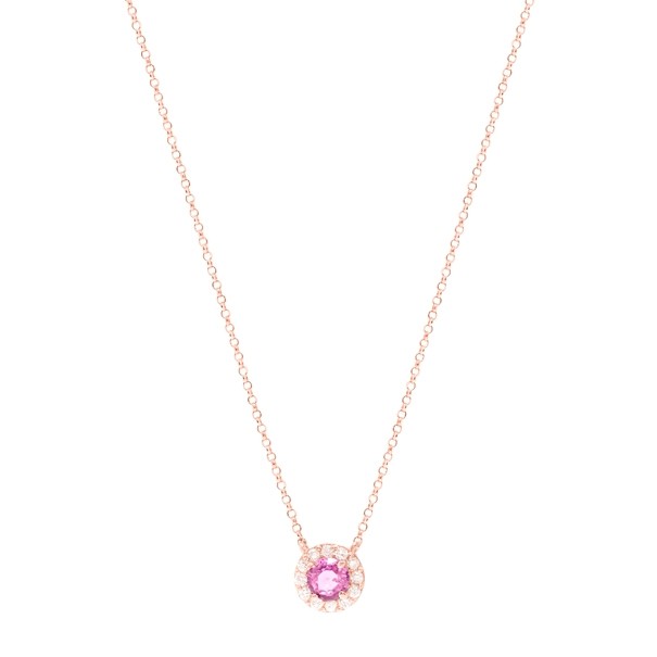 Gargantilha em Ouro Rosé 18k Chuveiro Redonda com 1 Safira Rosa 5mm e 12 Diamantes 