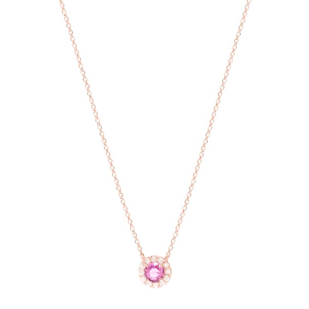 Gargantilha em Ouro Rosé 18k Chuveiro Redonda com 1 Safira Rosa 5mm e 12 Diamantes 