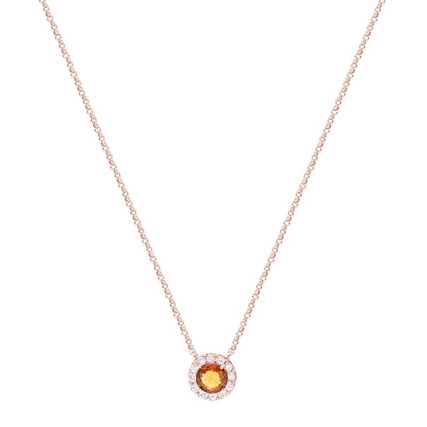 Gargantilha em Ouro Rosé 18k Chuveiro Redonda com 1 Safira Laranja 5mm e 12 Diamantes 