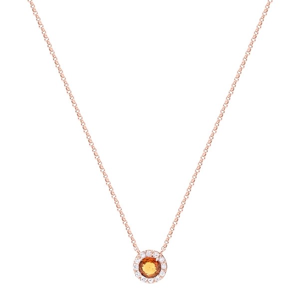 Gargantilha em Ouro Rosé 18k Chuveiro Redonda com 1 Safira Laranja 5mm e 12 Diamantes 