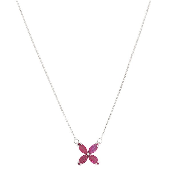 Gargantilha em Ouro Branco 18k Flor com 4 Rubis Navetes 6x3 1.00Cts