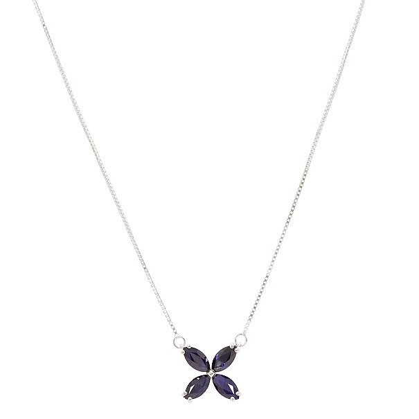 Gargantilha em Ouro Branco 18k Flor Com 4 Safiras Navetes De 1.28 CTS