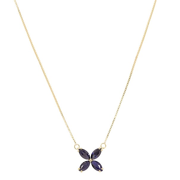 Gargantilha em Ouro 18 Flor com 4 Safiras Navetes 6x3 1.28cts