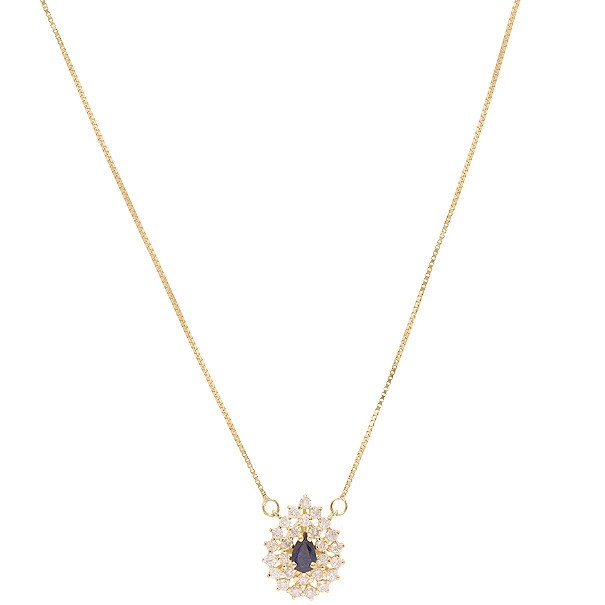 Gargantilha em Ouro 18k Gota com 1 Safira 5x3 0.26ts com 27 Diamantes 0.42cts