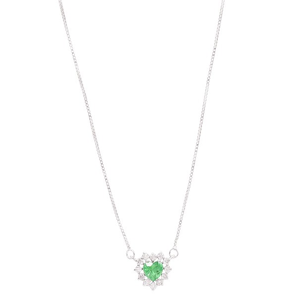Gargantilha em Ouro Branco 18k Coração com 1 Esmeralda 4.50mm 0.32Cts com 12 Diamantes 0.18Cts
