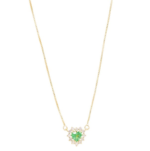 Gargantilha em Ouro 18k Coração com 1 Esmeralda 4.50mm 0.32cts com 12 Diamantes 0.18cts