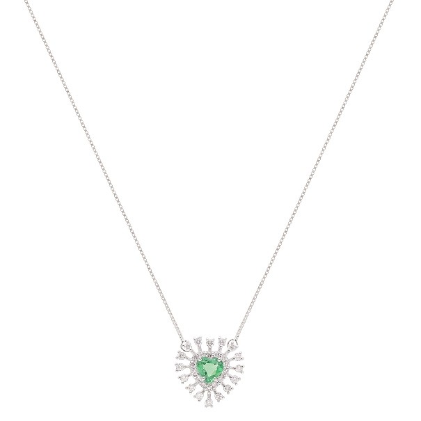 Gargantilha em Ouro Branco 18k Coração com 1 Esmeralda 6mm 0.67cts com 30 Diamantes 0.44cts