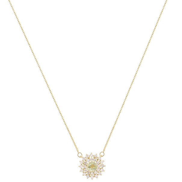 Gargantilha em Ouro 18k Chuveiro Redonda com 1 Safira Verde 4mm 0.40Cts com 28 Diamantes 0.41Cts