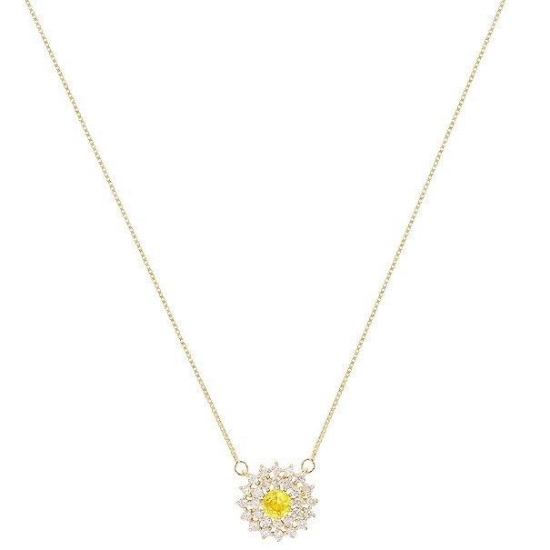 Gargantilha em Ouro 18k Chuveiro Redonda com 1 Safira Amarela 4mm 0.33Cts com 28 Diamantes  0.41Cts