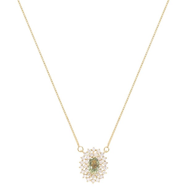 Gargantilha em Ouro 18k Chuveiro Oval com 1 Safira Verde 6x4mm 0.62Cts com 28 Diamantes 0.41Cts
