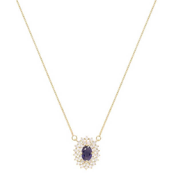 Gargantilha em Ouro 18k Chuveiro Oval com 1 Safira 6x4mm 0.66cts com 28 Diamantes 0.41cts