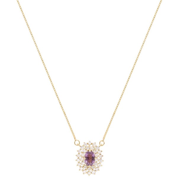 Gargantilha em Ouro 18k Chuveiro Oval com 1 Safira Roxa 6x4mm 0.57cts com 28 Diamantes 0.41cts