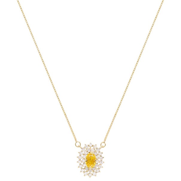 Gargantilha em Ouro 18k Chuveiro Oval  com 1 Safira Amarela 6x4mm 0.56Cts com 28 Diamantes 0.41Cts