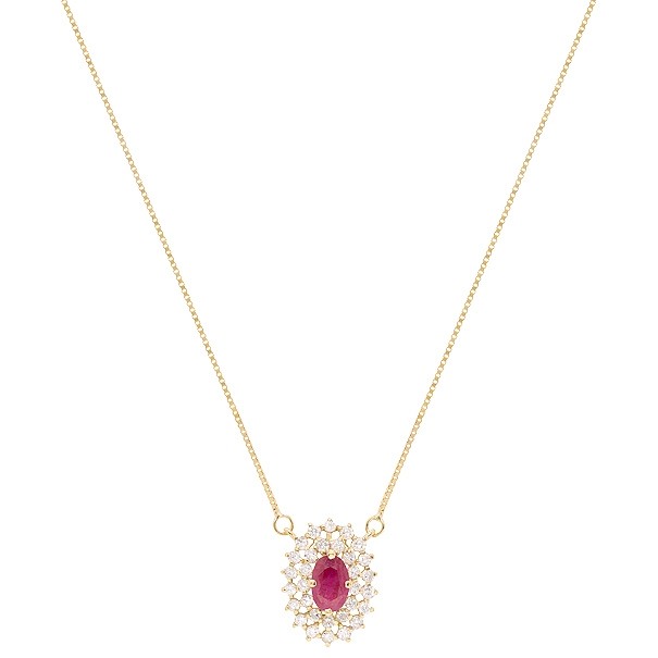 Gargantilha em Ouro 18k Chuveiro Oval com Rubi 6x4mm 0.46cts com 28 Diamantes 0.41cts