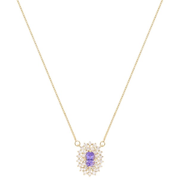 Gargantilha em Ouro 18k Chuveiro Oval com 1 Tanzanita 6x4mm 0.49cts com 28 Diamantes 0.41cts