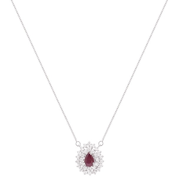 Gargantilha em Ouro Branco 18k Gota  com 1 Rubi 6x4mm 0.44Cts com 30 Diamantes 0.42Cts